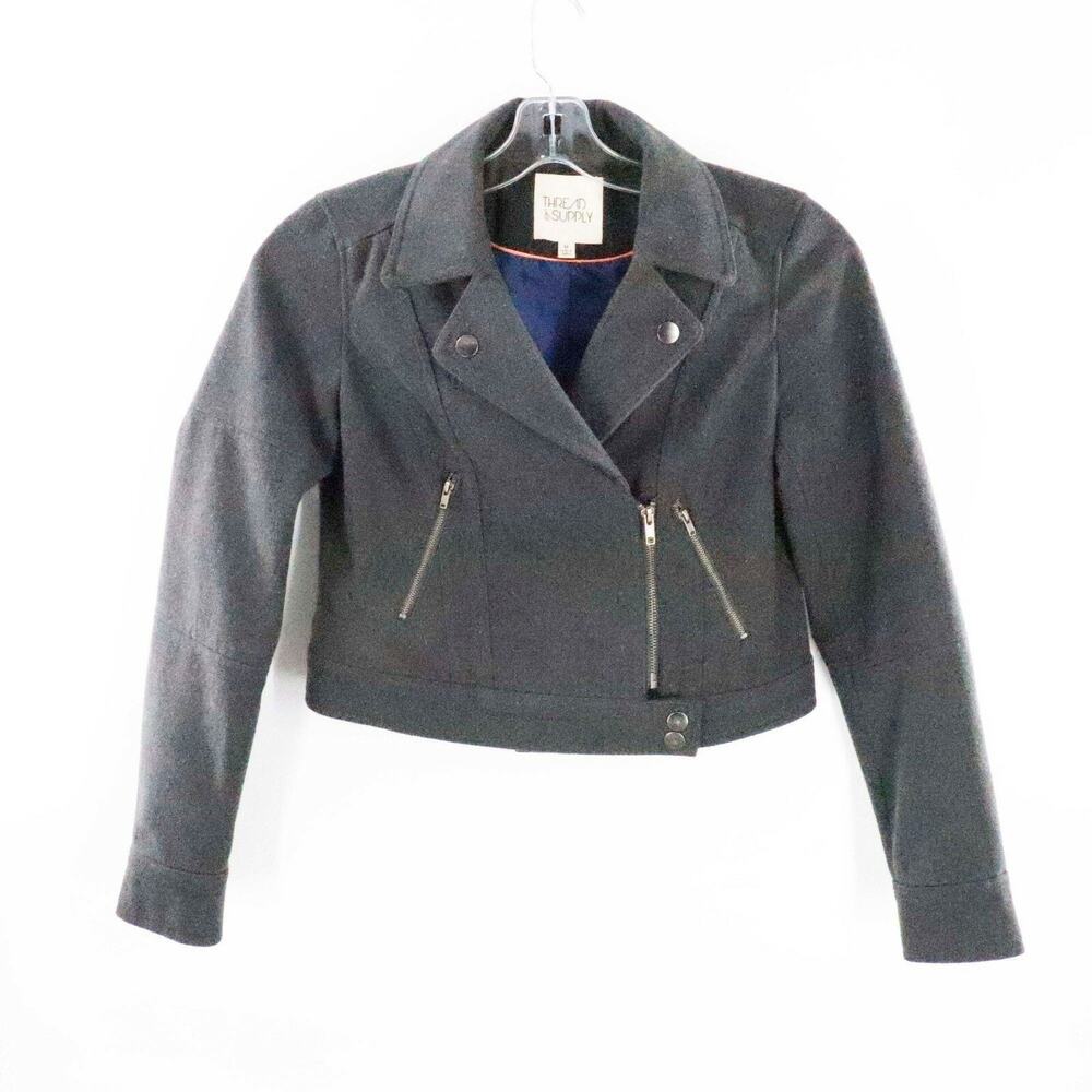 Thread Supply Jacket Women 14 Cropped Grey Wool Blend Moto Jacket Snap Cuffs